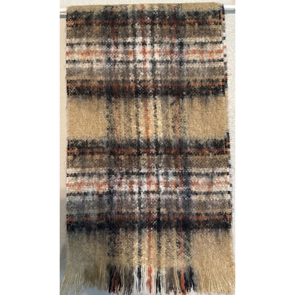 Vintage Guillaume de Mons Paris Mohair Blend Plaid Scarf Fringe Made in France